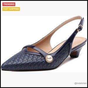 Pointed Toe Slingback Pumps with Low Kitten Heel and Pearl Decoration